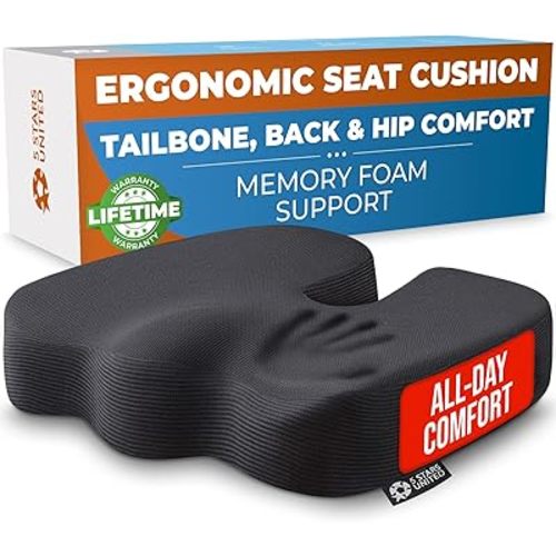 Seat Cushion for Office Chairs - Fits 18"x14" Seats, Tailbone, Coccyx Pain Relief - Butt, Pressure & Sciatica Relief - Gaming, Wheelchair, Car & Desk Pillow, Black