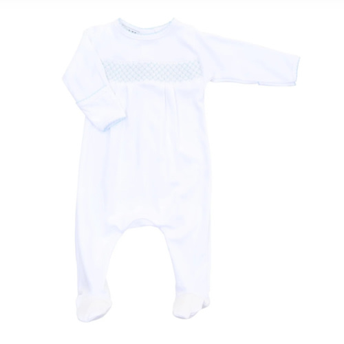 Magnolia Baby Boy Essentials Smocked White Footie with Blue Trim