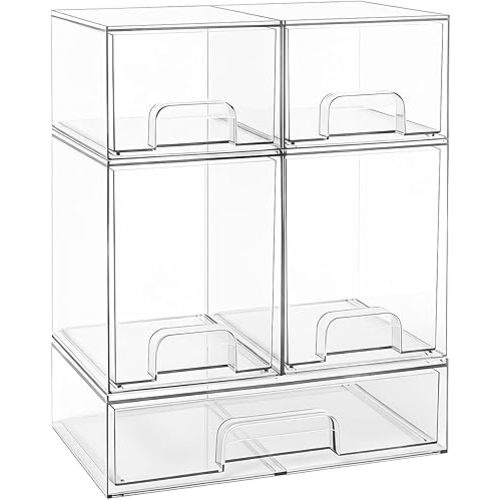 Baby Bottle Organizer Stackable, Acrylic Storage Drawers 5 pack with Non-Slip Pads, Pull-Out Drawers for Baby Bottle, Pump Parts, Pantry, Vanity Countertop (4.4" and 7.6" Tall and 12.1" Wide)