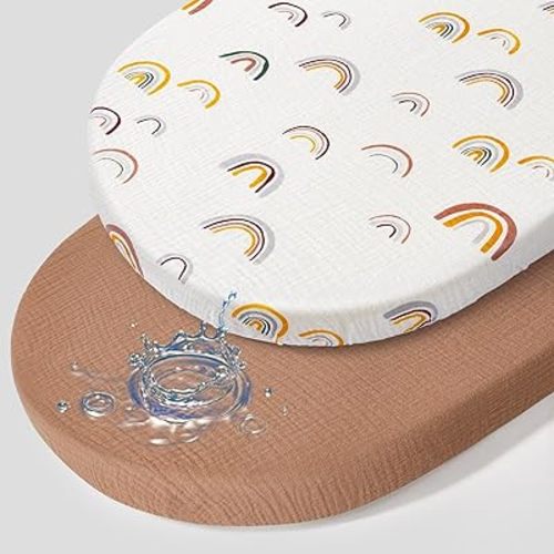 BeBeJoJo Baby Bassinet Sheets TPU Waterproof 2 Pack Soft Muslin Bedside Bassinet Mattress Sheets with Bottom Elastic Band for Baby Boy Girls Unisex Fit Hourglass Oval and Rectangle, White Rainbow
