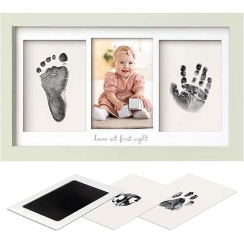 Inkless Baby Hand and Footprint Kit Boy, Girl - No Mess Ink Pad for Handprint, Clean Touch Dog Paw Print Kit, Personalized Baby Shower Gifts, Nursery Newborn Keepsake Frame (Sage)