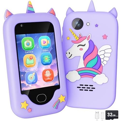 Kids Smart Phone Toy for Girls - Unicorn Cell Phone with 2.8" Touchscreen, Christmas Birthday Gift for Kids Toddler Age 3-10, 32G SD Card