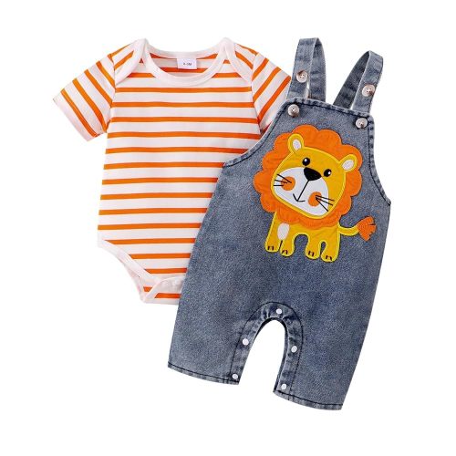 Baby Boy Clothes Newborn Striped Romper Summer Outfits + Infant Cartoon Animals Jeans Suspender Overalls 0-18 Months