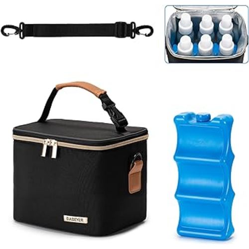 Breastmilk Cooler Bag with Ice Pack Fits 6 Baby Bottles Up to 5 Ounce, Baby Bottle Bag with Shoulder Strap for Nursing Mom Daycare-Black