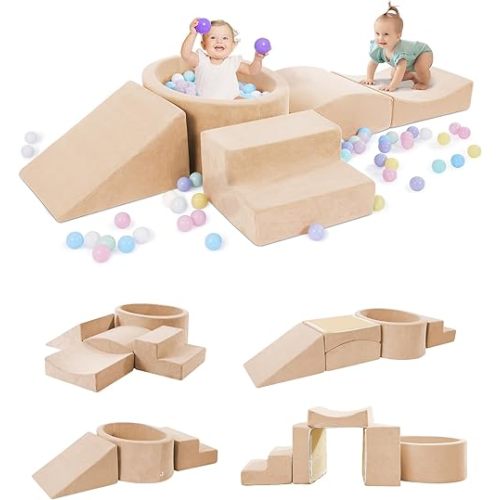 Foam Climbing Blocks with Ball Pit Designed for Toddlers Aged 1-3 -Great for Indoor Crawling, Inside Foam Playground Set for Little Ones to Active Playing -(Balls NOT Included) Beige