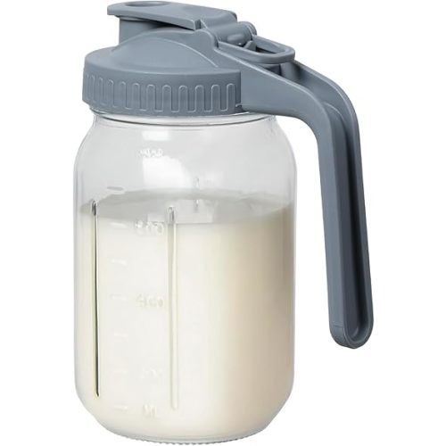 Novelinks 32OZ Glass Pitcher with Lid, Wide Mouth Mason Jar Pitcher, Leak-proof Water Jug for Juice, Milk,iced Coffee Lemonade Tea,1 Pack