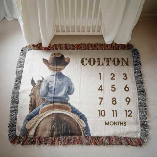 Personalized Cowboy Milestone Blanket, Western Baby Monthly Photo Prop with Name, Rustic Baby Boy Keepsake Gift for Newborn Photos