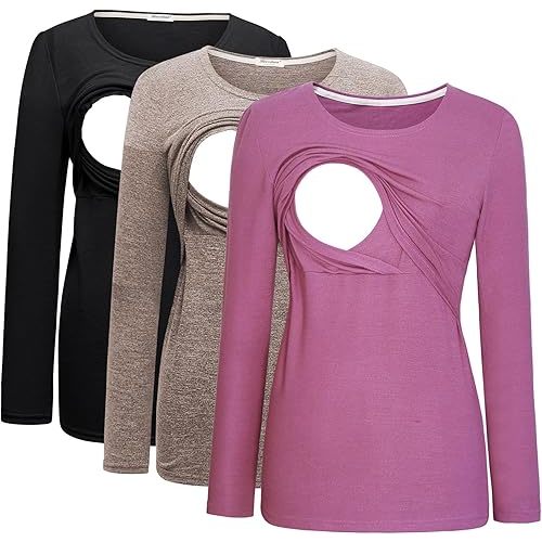 Bearsland Women's 3 Packs Maternity Clothes Long Sleeves Breastfeeding Shirts Nursing Top