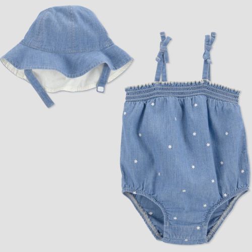 Carter's Just One You® Baby Girls' 2pc Floral Chambray Bubble Romper and Hat Set - Blue Newborn