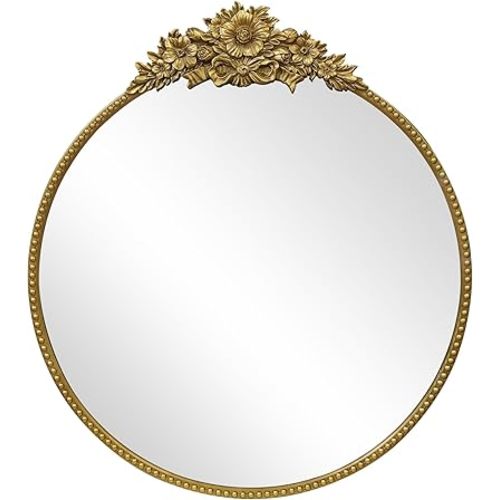 Baroque Style Antique Round Mirror, 24" Metal Circle Vintage Wall Mounted Decorative Mirror for Entryway, Bathroom, Vanity, Retro Gold