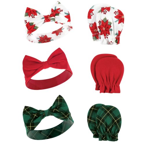 Hudson Baby Infant Girl Cotton Headband and Scratch Mitten Set, Poinsettia, 0-6 Months - Poinsettia