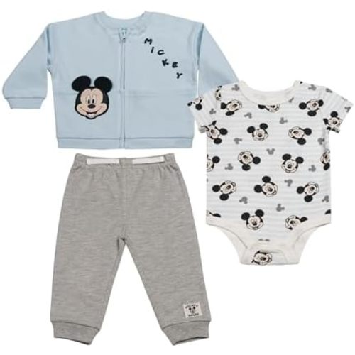 Magic Threadz Disney Clothes Baby Boys 3pc Layette Set – Mickey Mouse & Winnie the Pooh Bodysuit, Jacket & Pants (0M–3M)