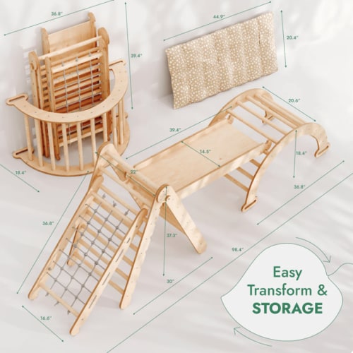 5in1 Montessori Climbing Set: Triangle Ladder + Arch/Rocker + Slide Board/Ramp + Netting rope + Cushion