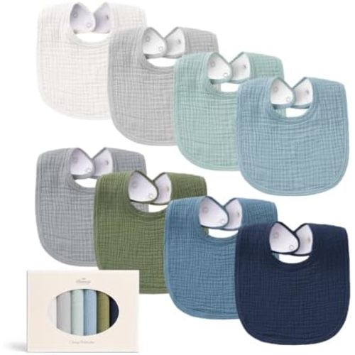 Konssy 8-Pack Muslin Baby Bibs, Adjustable Fit for Drooling and Teething