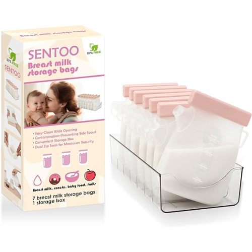 7 Pcs Breastmilk Storage Bags with a Fridge Organizer Bin, Reusable Breastfeeding Essentials, 11oz/320ml Double Leak-Proof Breastmilk Freezer Bags for Breastfeeding, Postpartum Essentials