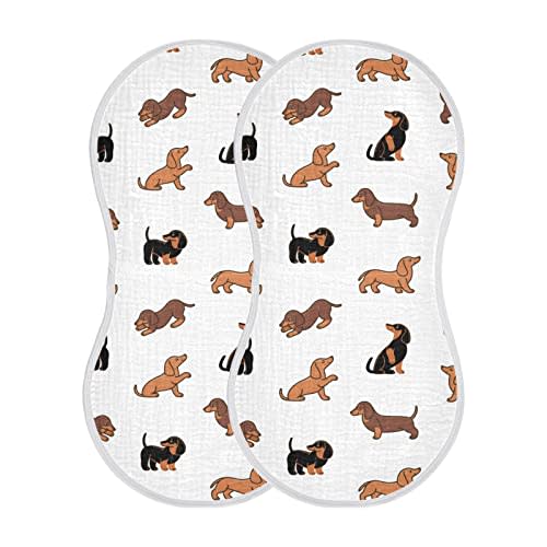 WELLDAY Muslin Baby Burp Cloths Set of 4, Soft Absorbent Cute Dogs Dachshunds Muslin Washcloths, Bibs, Face Towel for Newborn Boys Girls, 22 x 11 Inch
