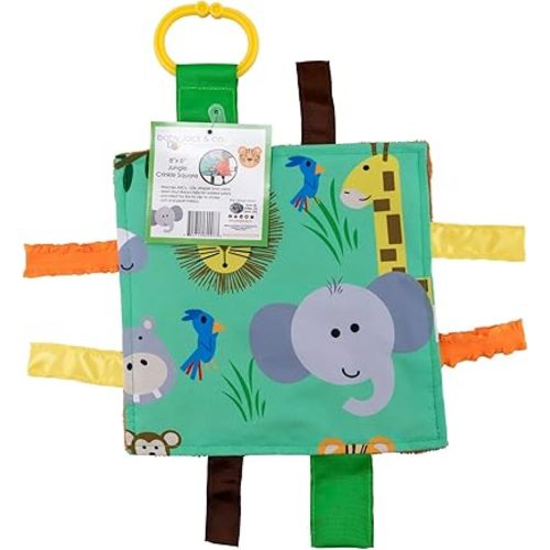 Baby Jack & Co 8x8” Jungle Lovey Tag Toys for Babies - Baby Crinkle Toys - Crinkle Toys for Baby - Soft & Safe - Learn Shapes & Colors - Ideal Baby Toy - BPA Free w/Stroller Clip