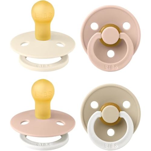 BIBS Colour Soother 4-Pack | BPA Free Dummy Pacifier | Round Nipple | Natural Rubber Latex | Made in Denmark | Size 0-6 Months | Blush Glow Mix