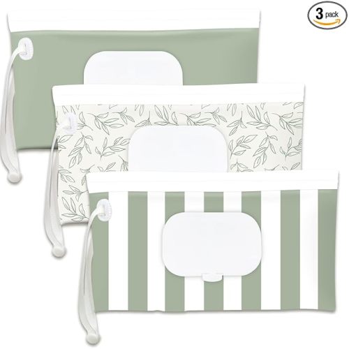 Baby Wipe Holder,Wipe Dispenser, 3-Pack Portable Refillable Wipe Container,Reusable Travel Baby Wipes Case, Waterproof and Dustproof, Wipe Holder for Diaper (Green)