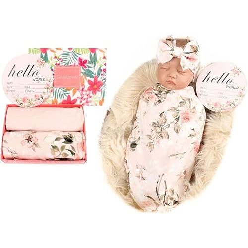 Galabloomer Receiving Blanket Headband Set Flower Print Baby Swaddle Blankets Vintage Rose