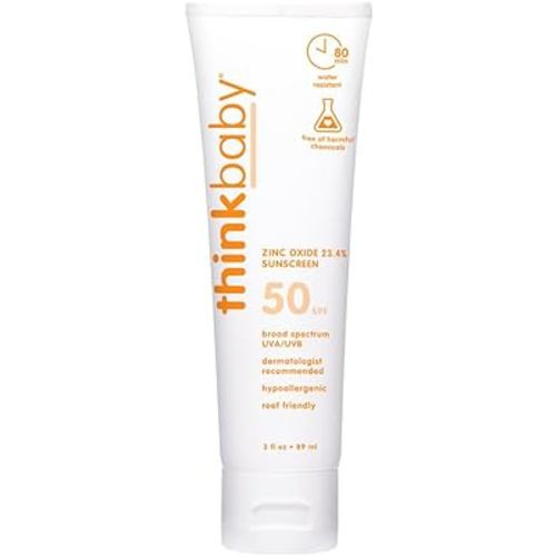 Thinkbaby SPF 50+ Baby Mineral Sunscreen – Safe, Natural Sunblock for Babies - Water Resistant Sun Cream – Broad Spectrum UVA/UVB Sun Protection – Vegan Baby Sunscreen Lotion, 3 Oz.