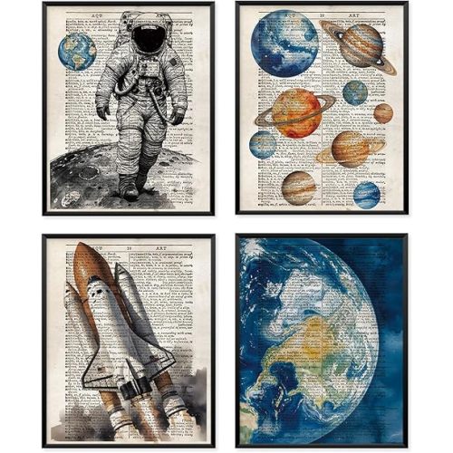VONTP Retro Outer Space Wall Art Decor, Space Nursery Decor, Spaceman Rocket Solar System Planet Prints Poster Wall Decorations for Kids Boys Room Bedroom, 8x10 Set of 4 (Unframed)