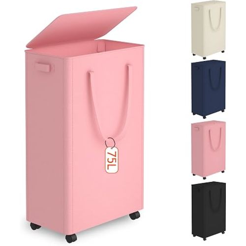 Slim Laundry Hamper with Wheels,20 Gal (75L) Rolling Laundry Basket with lid and wheels Clothes Hamper Foldable Tall Dirty Clothes Basket Sturdy Collapsible Clothes Hamper for Dorm,Laundry Room
