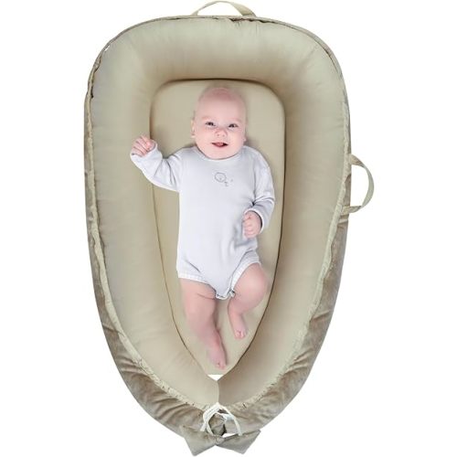 Baby Lounger - Baby Lounger for Newborn 0-24 Months, Breathable & Soft Cotton and Velvet Cover Co Sleeping Baby Nest, Baby Essentials & Shower Gifts, Portable Infant Lounger for Home and Travel