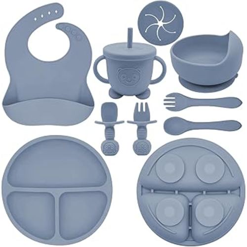 Silicone Baby Feeding Set | Baby Led Weaning Supplies Includes Suction Bowls and Divided Plates, Adjustable Bib, Baby Utensils Spoons and Forks,Cup | Baby Feeding Essentials (Blue Gray)
