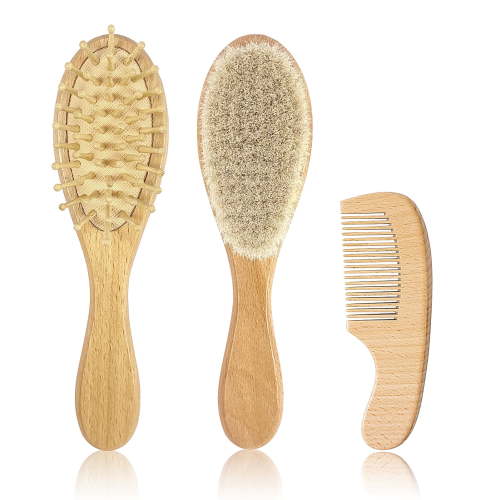 Allhall 3 Pcs Baby Hair Brush and Comb Set, Newborn Wooden Hair Brush with Soft Goat Bristles, Baby Cradle Cap Comb Set, Infant Grooming Kit for Baby Shower Gift
