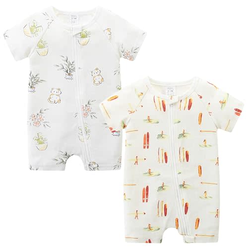 JingleBaBa Unisex Summer Trendy 2-Pack Rompers Short Sleeve Zipped Bodysuit Infant Cotton Outfits
