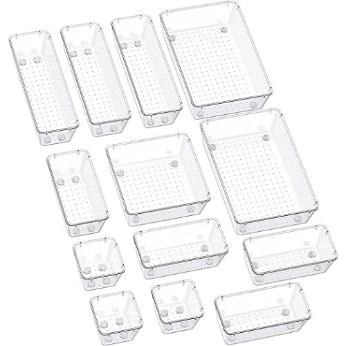 SMARTAKE 13-Piece Drawer Organizers with Non-Slip Silicone Pads, 5-Size Desk Bathroom Drawer Organizer Trays Storage Tray for Makeup, Jewelries, Utensils in Bedroom Dresser, Office and Kitchen, Clear