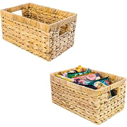 Water Hyacinth Storage Baskets, Wicker Storage Basket with Handles, Woven Baskets for Storage, Pantry Storage Baskets for Kitchen Organizers and Storage Pantry (2 Packs Medium)