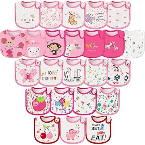 Cotton Waterproof Baby Bibs - 24Pcs Adjustable Hook Loop Closure Bib for Feeding Teething Drooling Eating, 6-12 Months