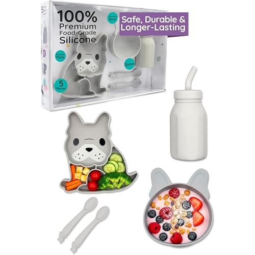 melii 5-Piece Silicone Baby Feeding Set | Divided Suction Plate, Suction Bowl, Straw Cup & Spoons, Food-Grade Silicone, BPA-Free, Dishwasher & Microwave Safe, BLW Toddler Set, Bulldog Design