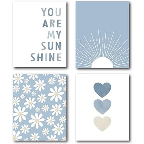 XWELLDAN Boho Sage Green Sun You Are My Sunshine Daisy Flower Heart Poster Wall Art Prints,Boho Gifts for Girls,Bohemian Wall Art Decor for Baby Girls Room Nursery,8 x 10 Inch Set of 4 Prints,Unframed