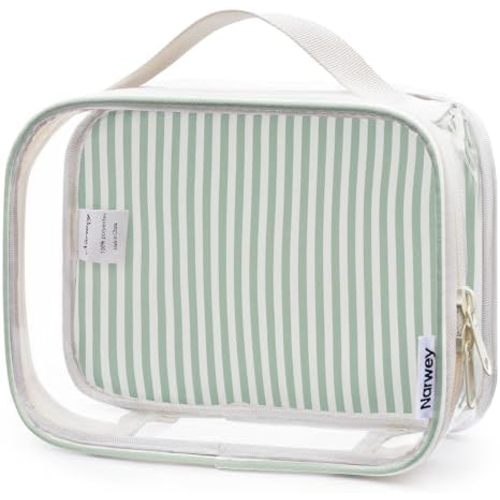 Narwey TSA Approved Clear Toiletry Bag for Travel, Waterproof PVC Clear Makeup Bags, Portable Compact Cosmetic Bag Make Up Organizer, Airport Airline Quart Size Compliant Bag (Mint Green Stripe)