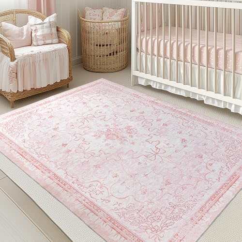 Pink Rug for Nursery Girl Bedroom 5x8 - Cute Bow Coquette Room Decor for Teen Girls Aesthetic,Washable Light Pink and White Cottage Core Floral Scalloped Rug for Dorm Room College Students Playroom