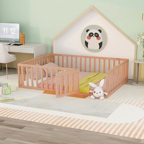 Ball & Cast Queen Size Montessori Bed with Fence and Door,Toddler Floor Bed Frame W/Safety Guardrails,Wooden Playhosue Bed for Girls and Boys,No Box Spring Needed,Natural