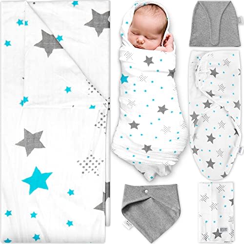 Ocean Drop Designs Receiving Blankets for Boys & Baby Girls - 5pc Set Gender Neutral Baby Clothes Includes Blanket, Hat, Bib, Burp Cloth & Swadle