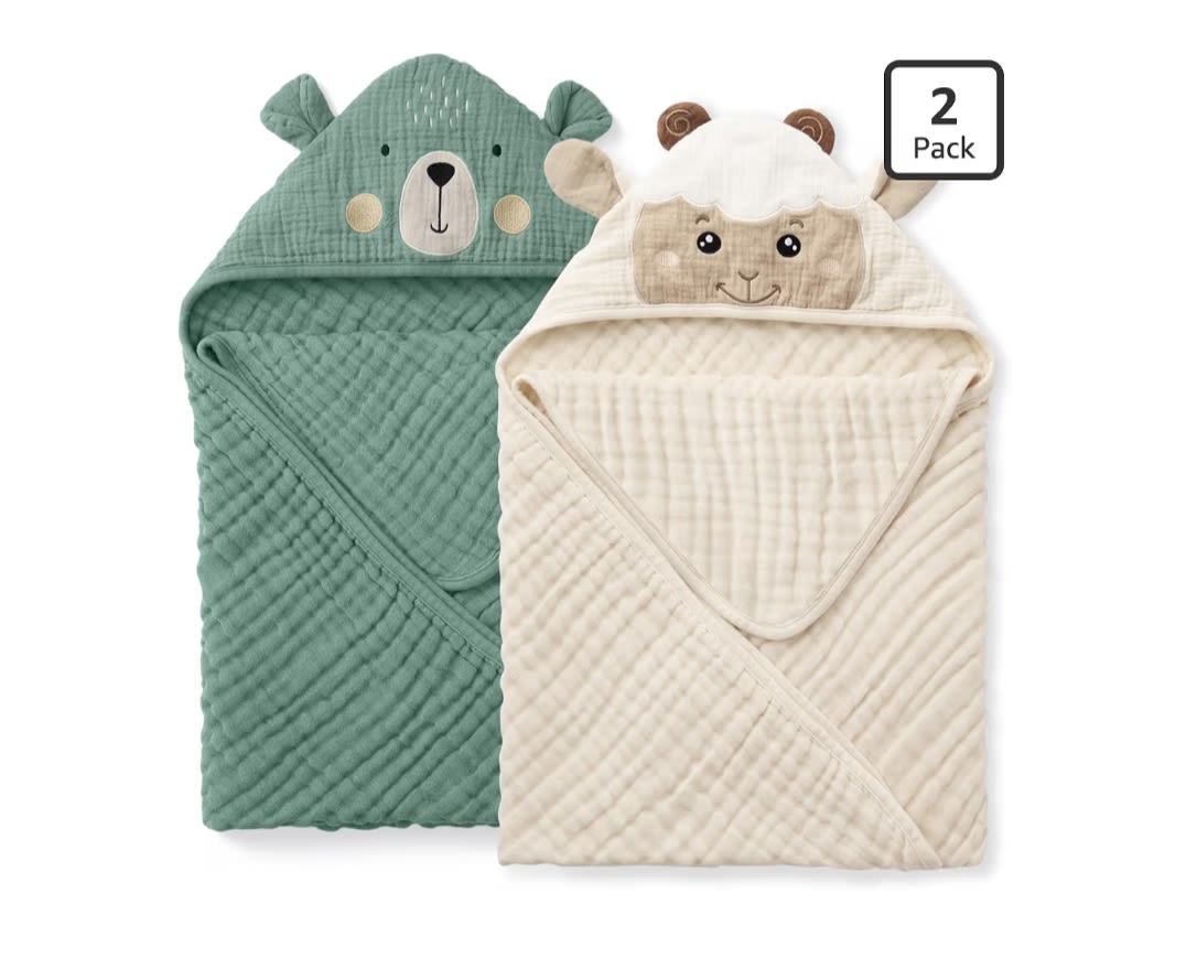 Blissful Diary Muslin Baby Hooded Towel 2 Pack, Soft & Absorbent Bath Towel for Infant, Toddler, Unisex, Baby Gift, Newborn Essentials, Bear & Lamb