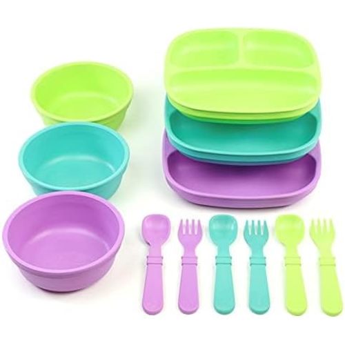 Re-play 3 Divided Toddler Plates, 3 Utensils Set and 3 Wide Base Bowls - Dishwasher and Microwave Safe - Made in USA - Mermaid