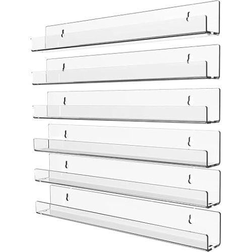 15 Inch Invisible Acrylic Floating Wall Ledge Shelf,Wall Mounted Nursery Kids Bookshelf, Invisible Spice Rack, Clear 5MM Thick Bathroom Storage Shelves Display Organizer,Transparent (6 Pack)