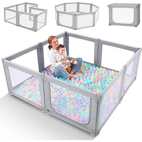 Foldable Baby Playpen, Kidirect Large Foldable Playpen for Babies and Toddlers Adjustable Shape and Size, Baby Playpen Foldable with Gate Safety for Indoor Outdoor Baby Play Yards (Grey,71"×69")
