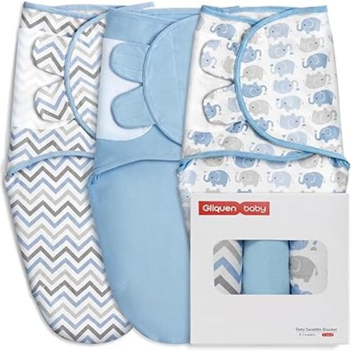 GLLQUEN BABY Swaddle Sleep Sack - 3 Pack Infant Swaddles for Newborn, Baby Swaddling Sack 0-3 Months, Ergonomic Newborn Swaddle Blanket for Baby Boy and Girl, Blue & Elephants