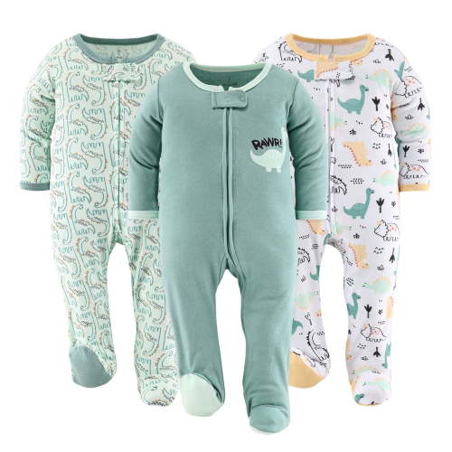 The Peanutshell Baby Sleep n Play Footed Pajamas for Baby Boys, Green Dino, 3 Pack, 3-6 Months