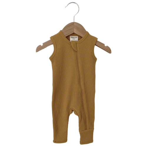 Organic Waffle Sleeveless Zip Romper, Honey