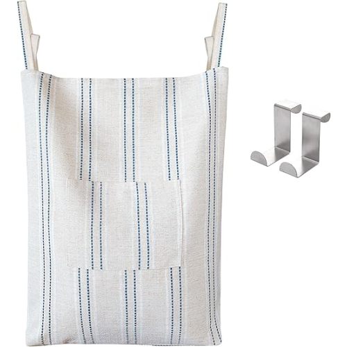 AELS Farmhouse Hanging Laundry Hamper with 2 Hooks, Boho Beige & Blue Stripes Laundry Bag with Zipper & Wide Open Top, Over the Door Organizer for Dirty Clothes, Washable Space Saving Storage