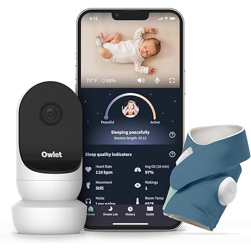 Owlet Dream Duo 2 Smart Baby Monitor - 1080p HD Video Baby Monitor with Dream Sock - Baby Foot Monitor and Sensor Tracks Heartbeat and Oxygen Levels in Infants and Newborns, Blue