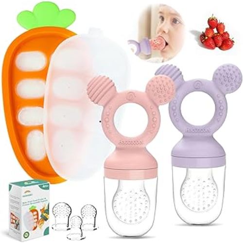 Baby Fruit Food Feeder - Silicone Nibble Tray Combo - Breastmilk Popsicle Mold for Cooling Relief, BPA Free Mesh Feeder for Infant Self Feeding (Lavender Pink + Carrot)